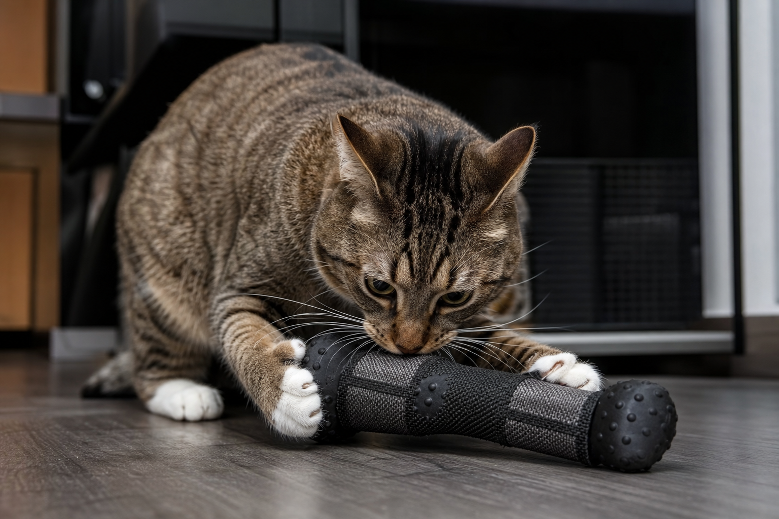 Cat sniffing a durable chew toy during supervised indoor play