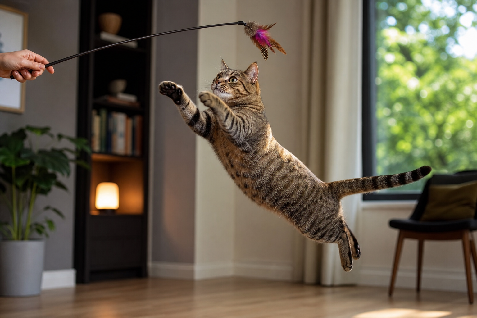 Cat leaping after a feather wand cat toy during supervised indoor play