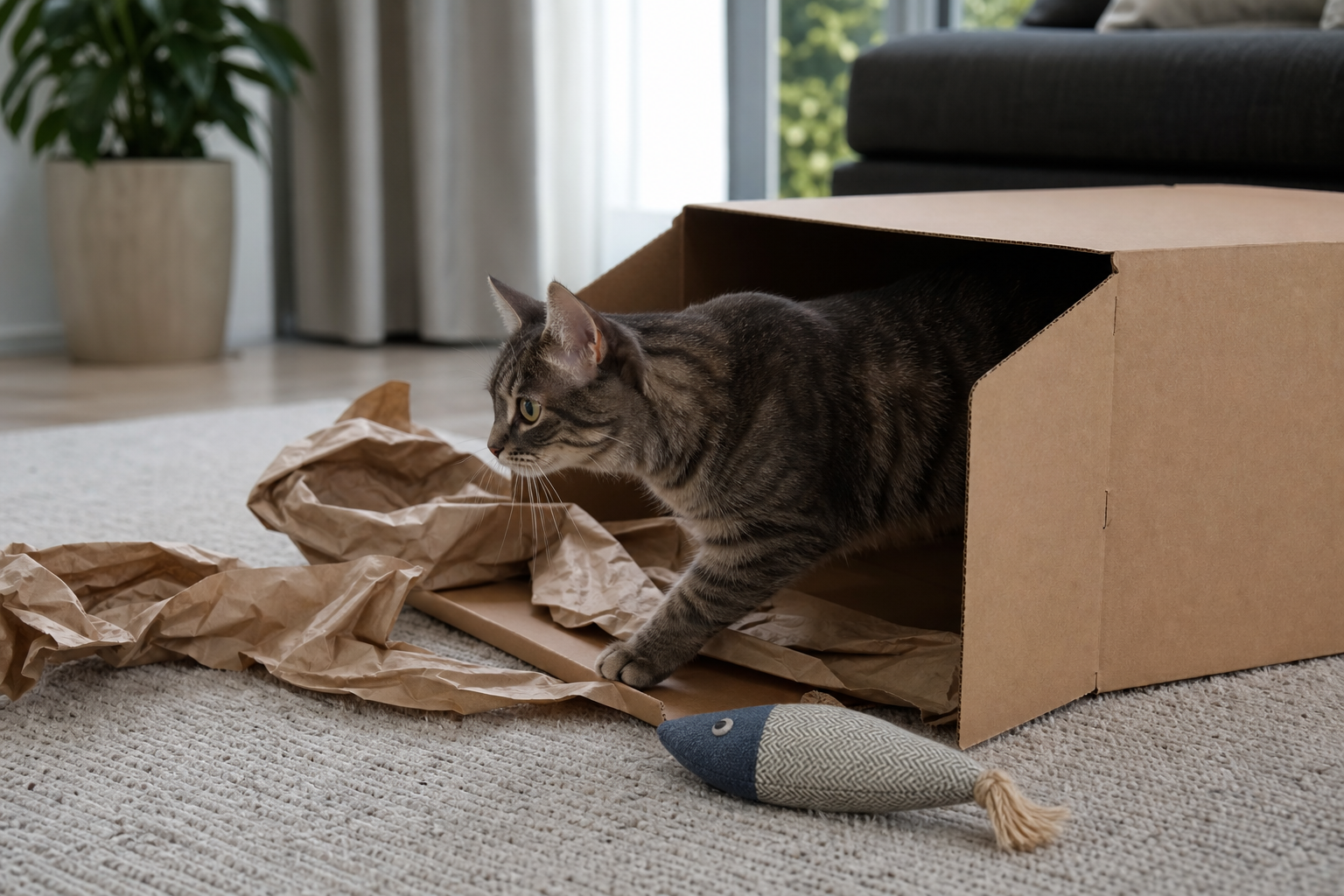 Indoor cat exploring a cardboard box and paper enrichment setup