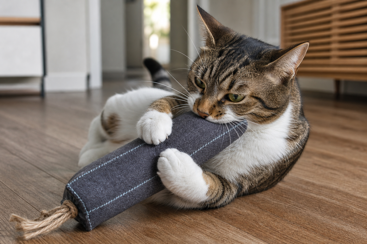 Energetic cat gripping a rugged fabric toy during supervised play