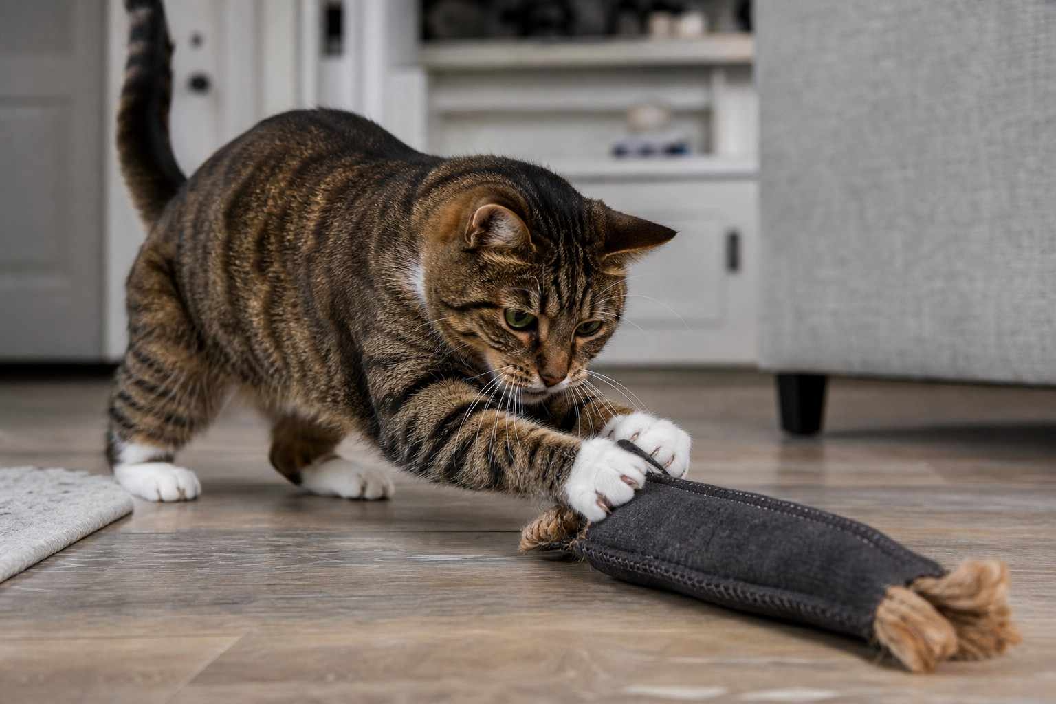 Indoor cat focused on a rugged enrichment toy during supervised play