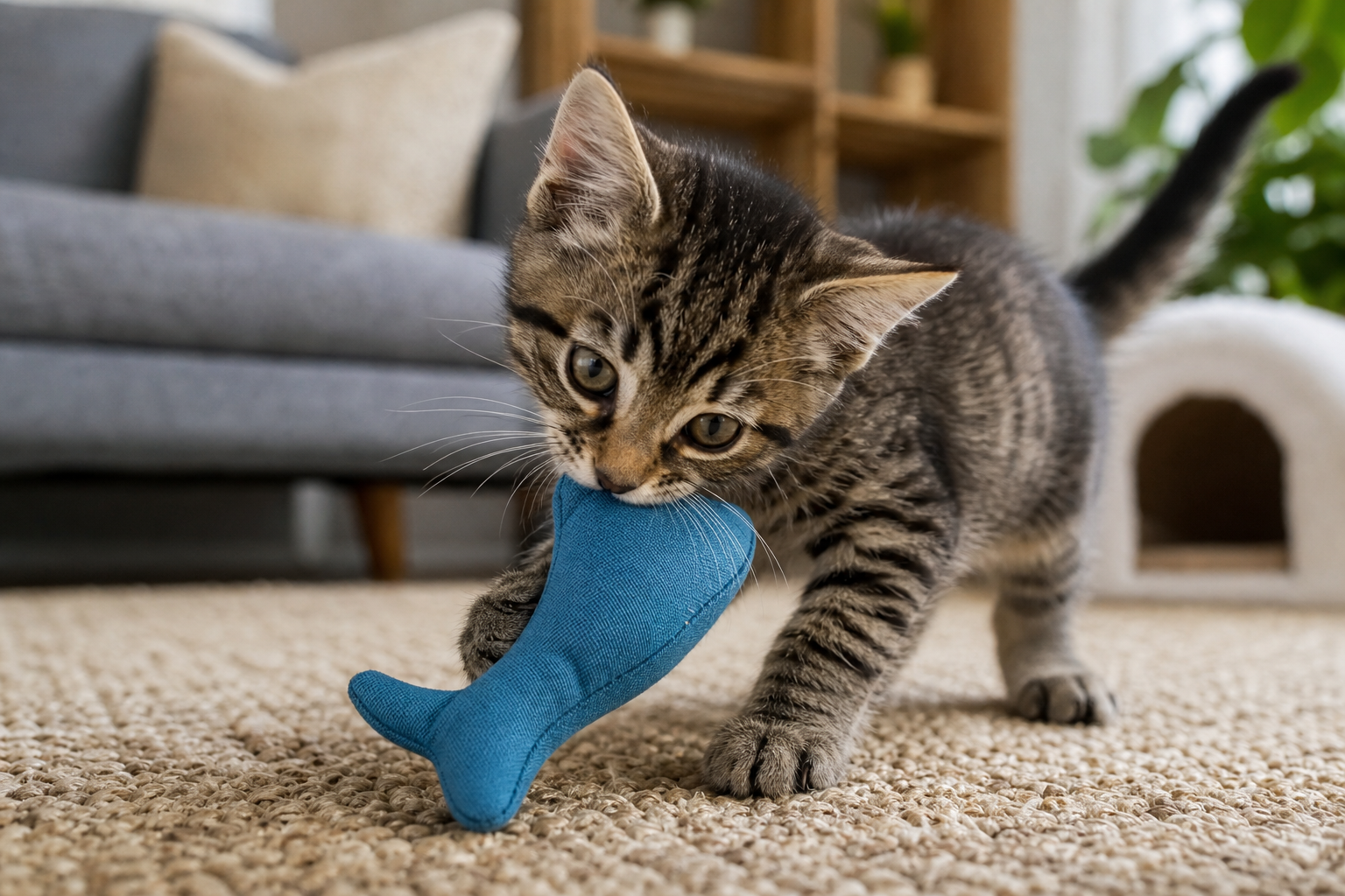 Kitten chewing a soft durable toy during supervised indoor play