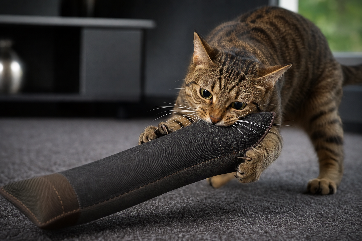 Cat gripping a tough fabric toy during supervised play