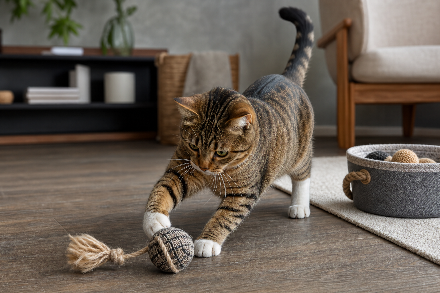 Cat playing with natural fabric and wool toys during supervised indoor play