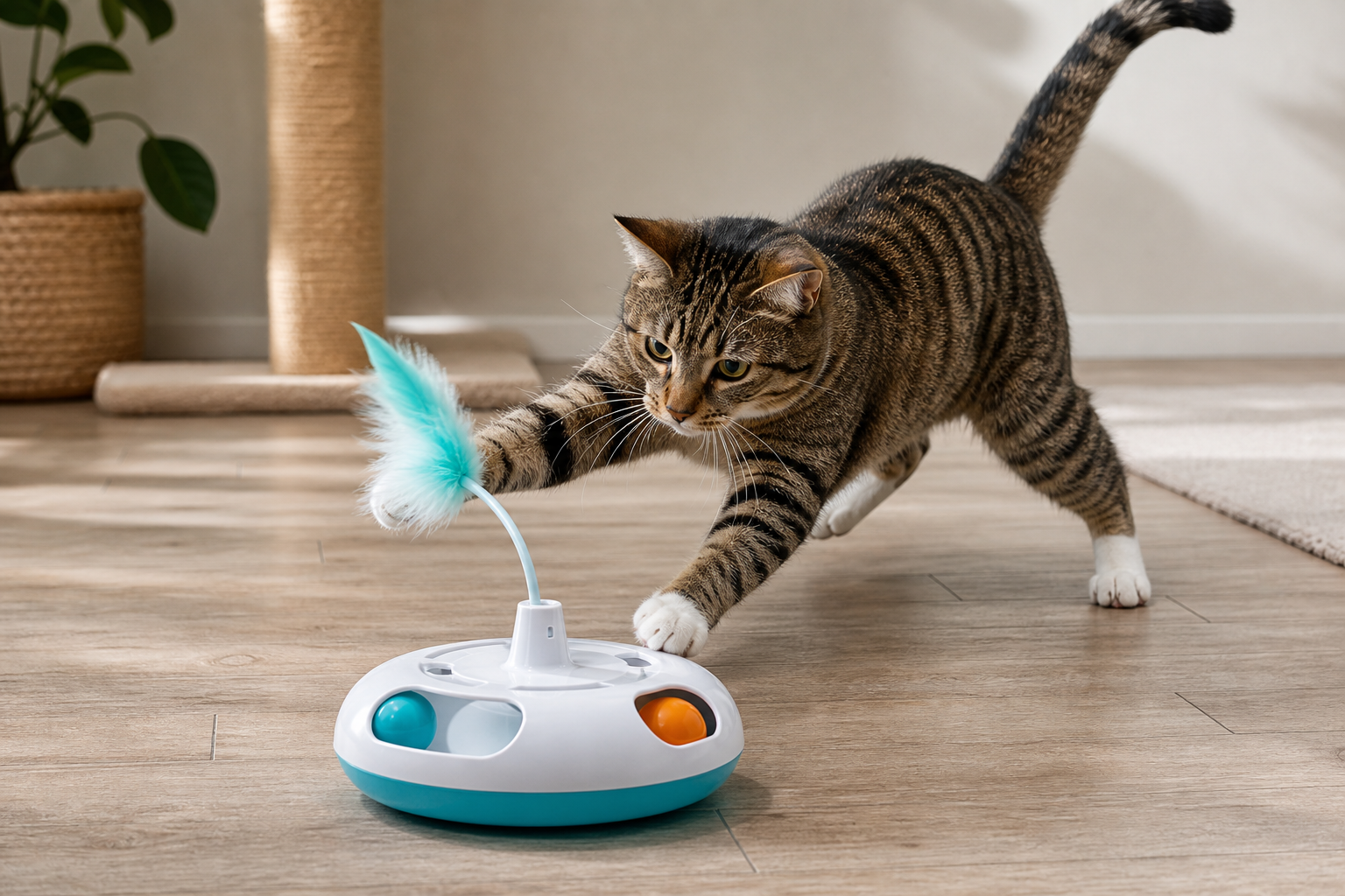 Cat batting an automatic motion toy during supervised indoor play
