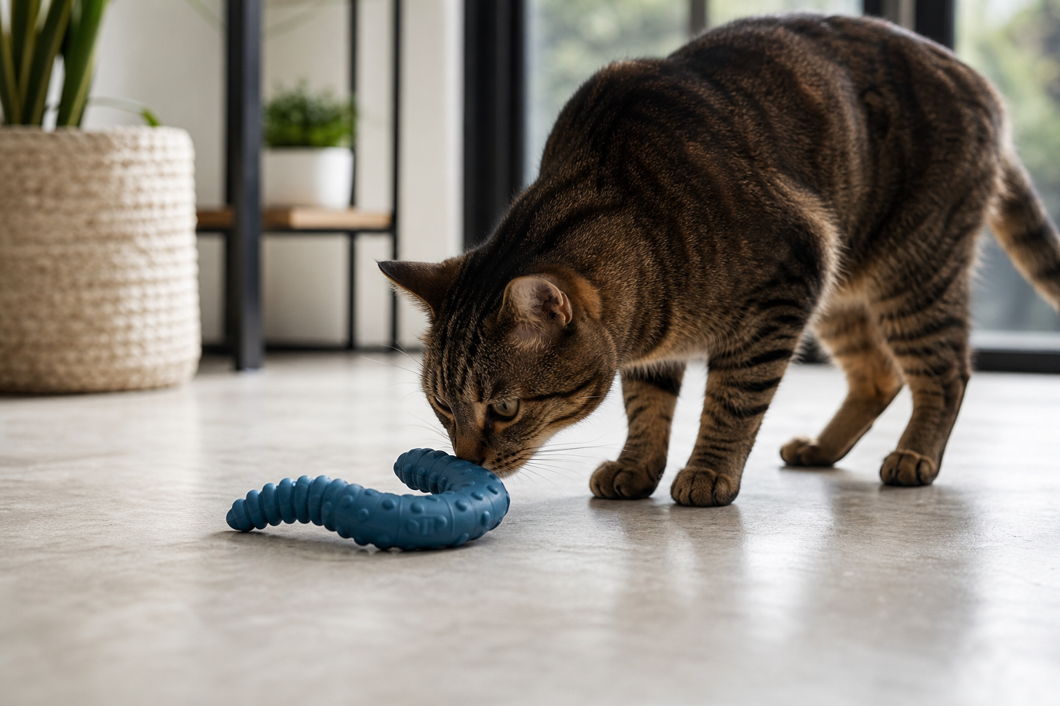 Cat sniffing a flexible rubber chew toy during supervised indoor play