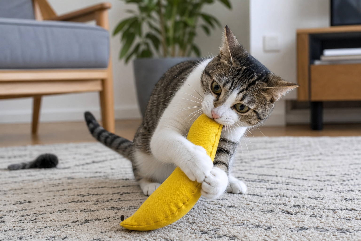 Cat gripping a banana-shaped fabric catnip toy during supervised play