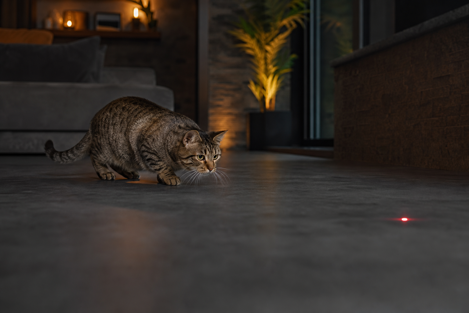 Alert tabby cat stalking a red laser dot on a clear floor