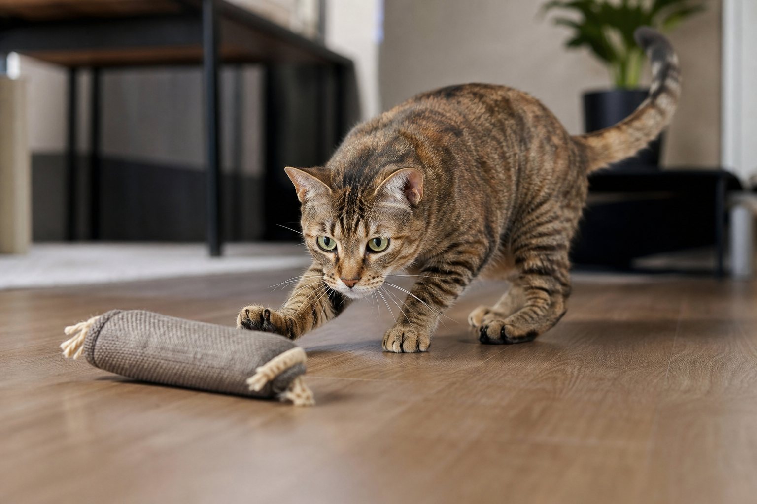 Alert cat focused on a tough fabric toy during supervised rough play