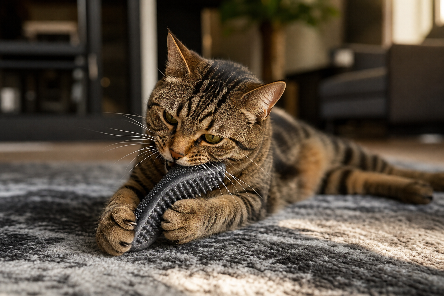 Cat chewing a textured dental-style toy during supervised indoor play
