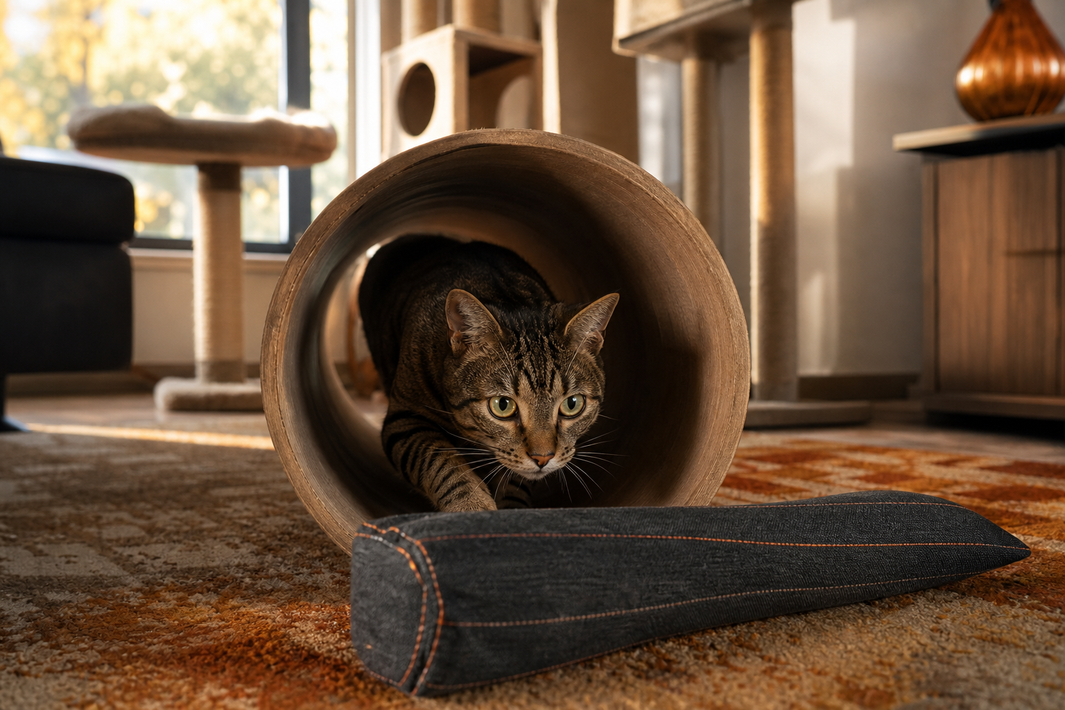 Indoor cat stalking a sturdy fabric toy through a cardboard tunnel