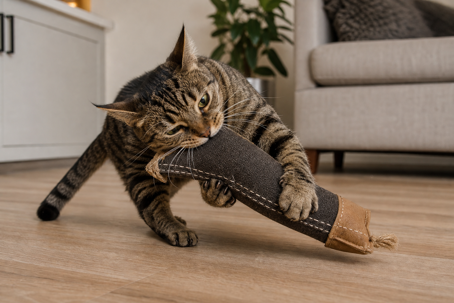 Indoor cat gripping a rugged fabric kicker toy during supervised enrichment play