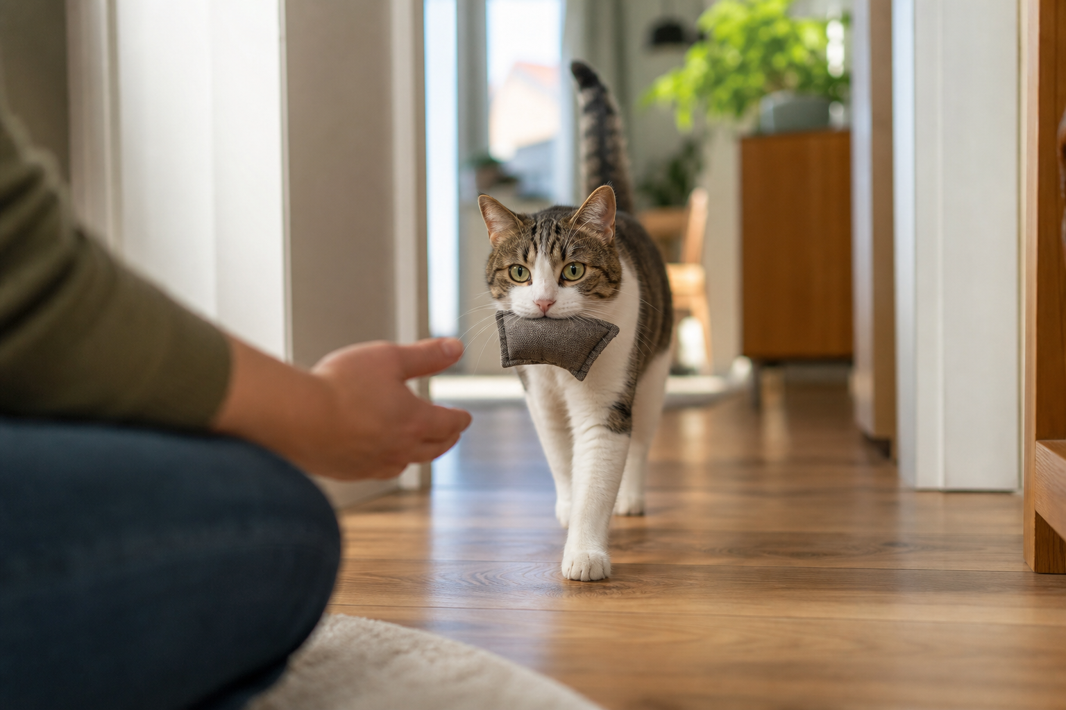 Cat carrying a sturdy fabric fetch toy back to a person