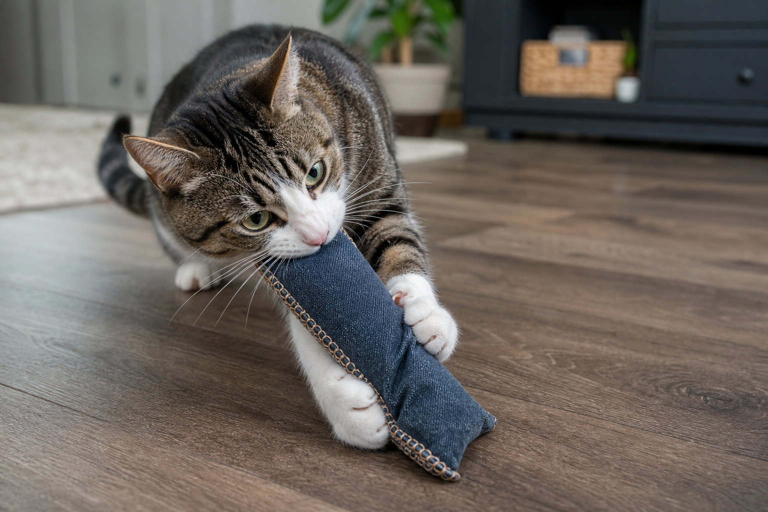 Energetic cat gripping a tough kicker toy during supervised play