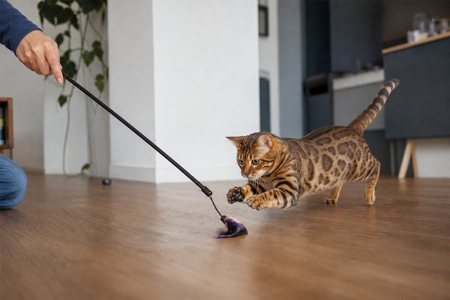 Cat chasing a fabric lure on a stick toy during supervised play