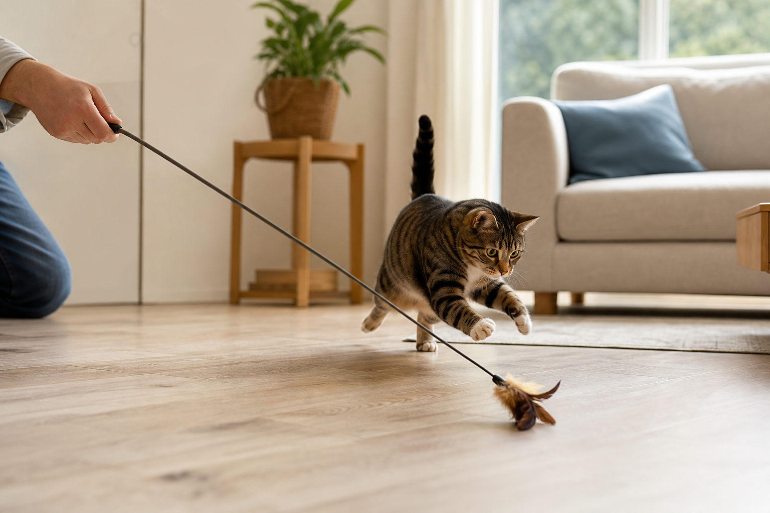 Cat chasing a supervised string wand toy across a living room floor