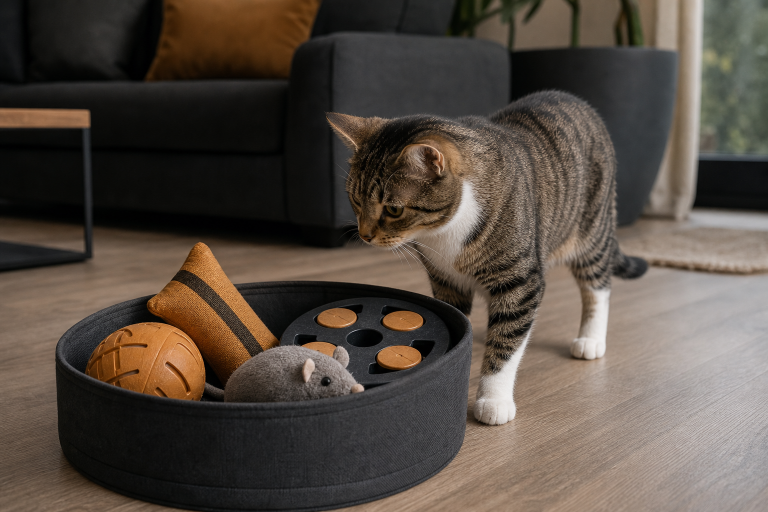 Stable cat toy bin with a small rotation of sturdy toys