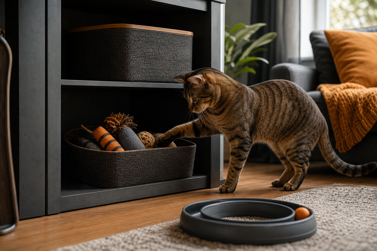 Cat choosing a sturdy toy from an organized cat toy box