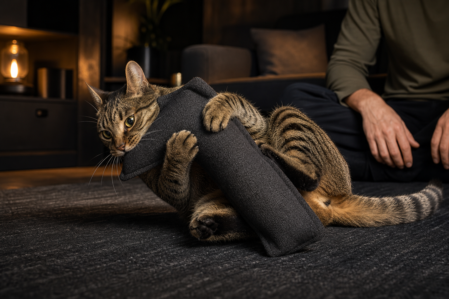 Adult tabby cat gripping a rugged fabric kicker during supervised play