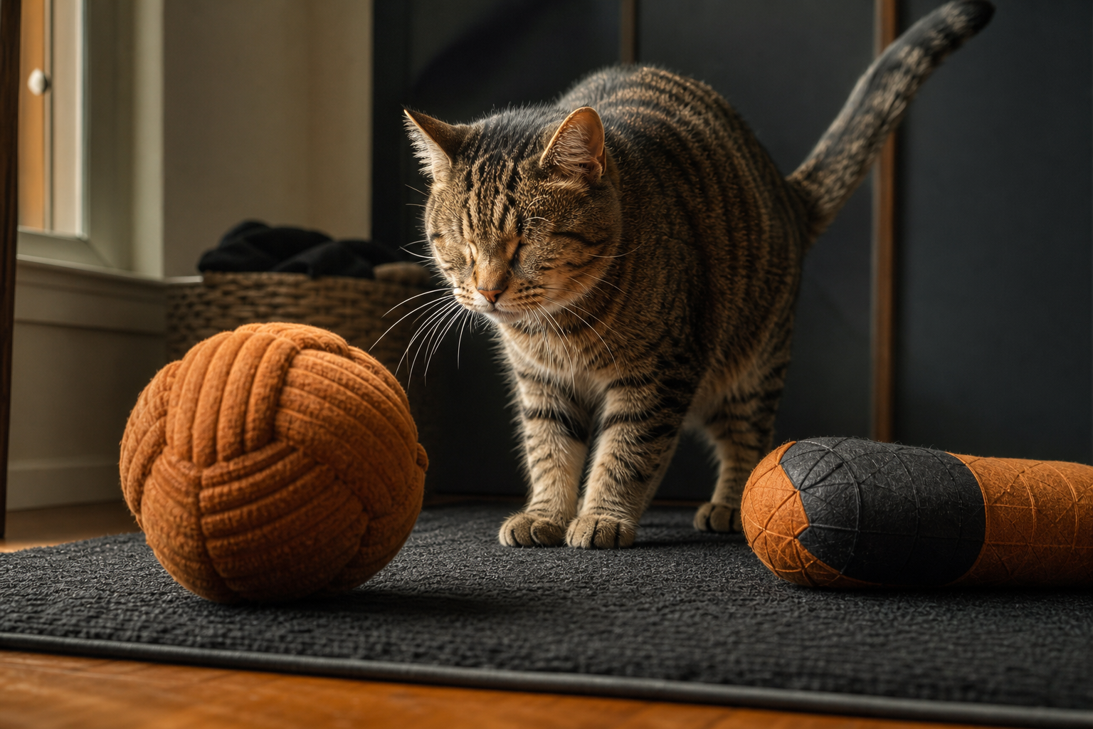 Blind cat listening for a textured sound-making ball during indoor play