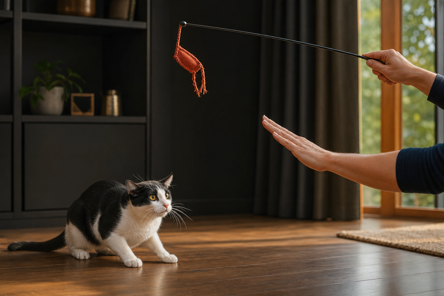 Black-and-white cat watching a high-contrast wand toy during supervised play