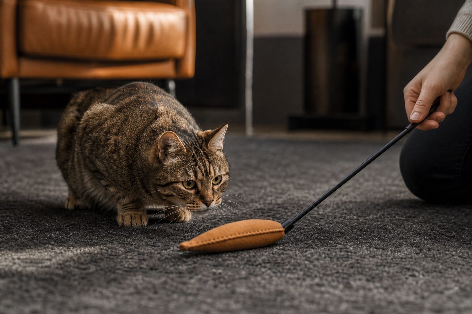 Senior tabby cat stalking a fabric wand lure on a nonslip rug