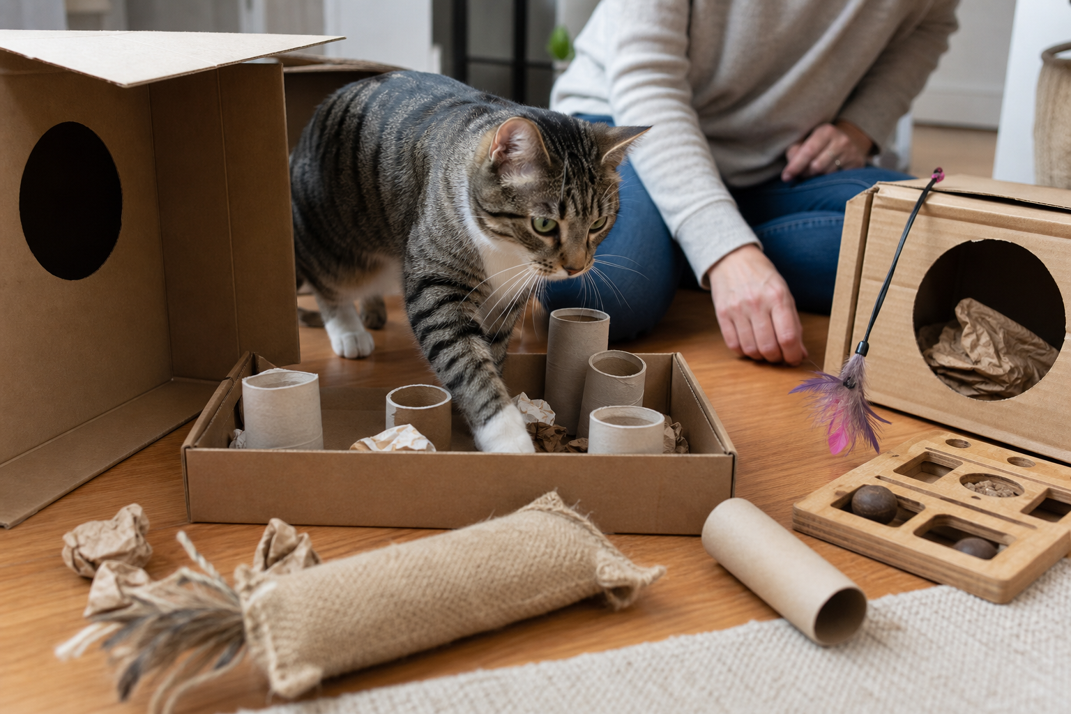 Indoor cat exploring homemade cardboard enrichment toys and a sturdy kicker toy