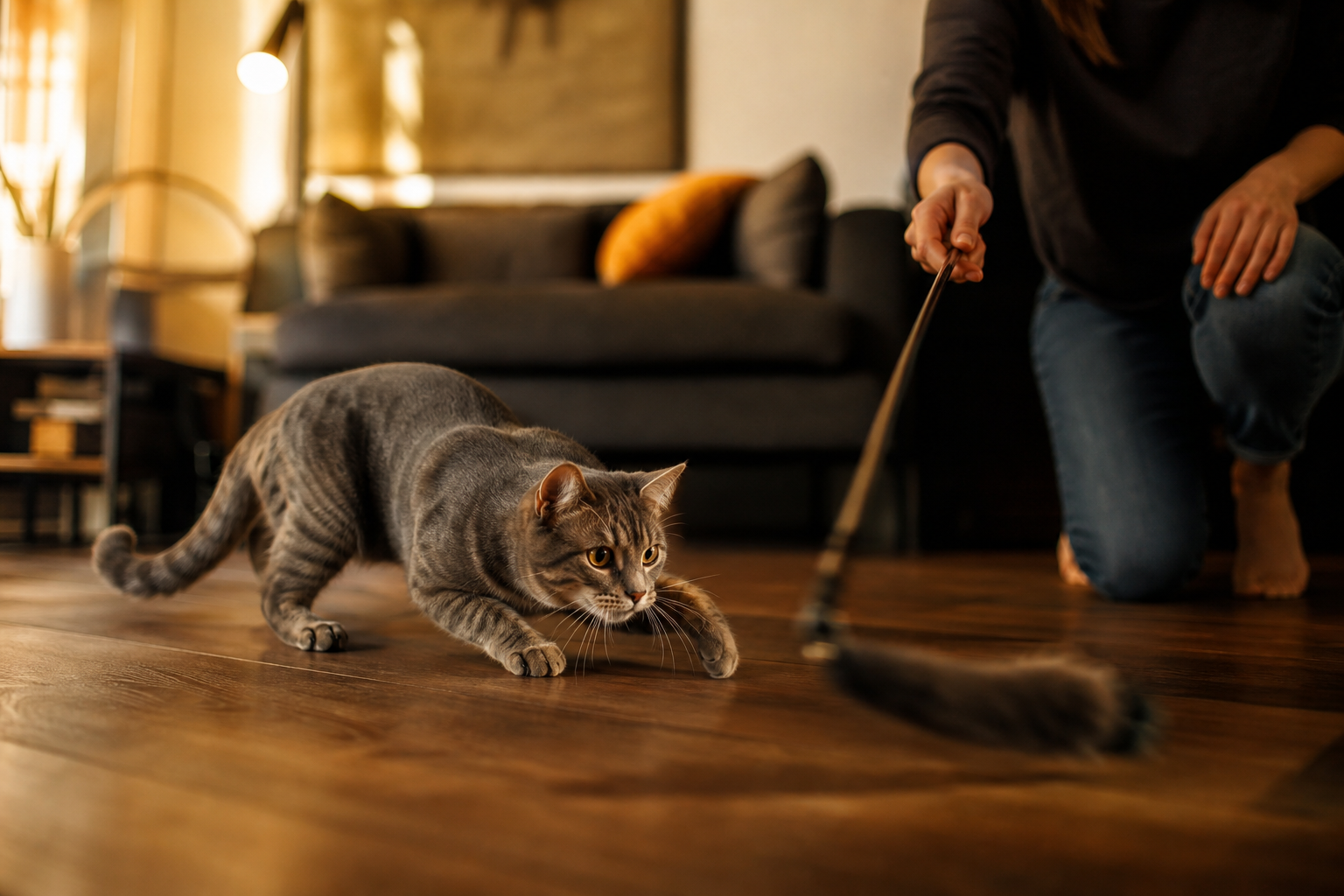 Cat chasing a fabric wand lure during supervised play with its owner