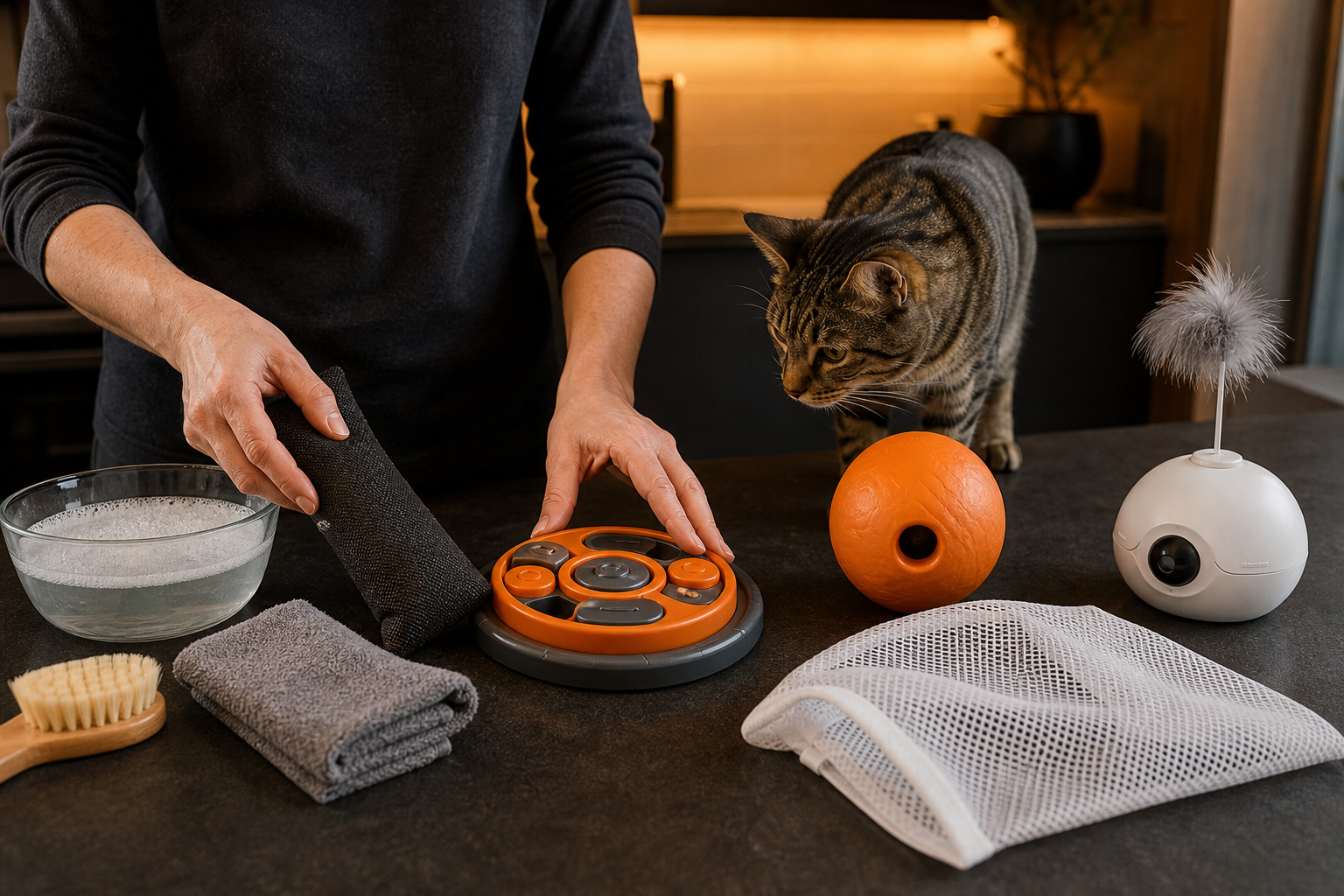Owner sorting cat toys by material before cleaning