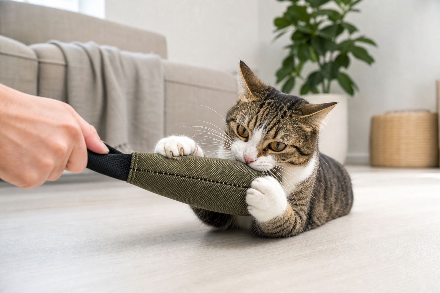 Indoor cat grabbing a rugged fabric enrichment toy during supervised play