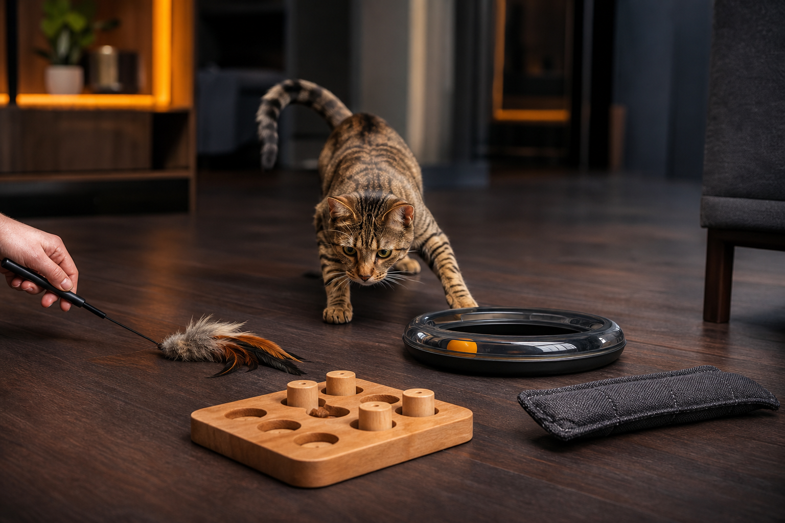 Alert indoor cat choosing between a wand lure, puzzle feeder, track ball, and sturdy kicker toy