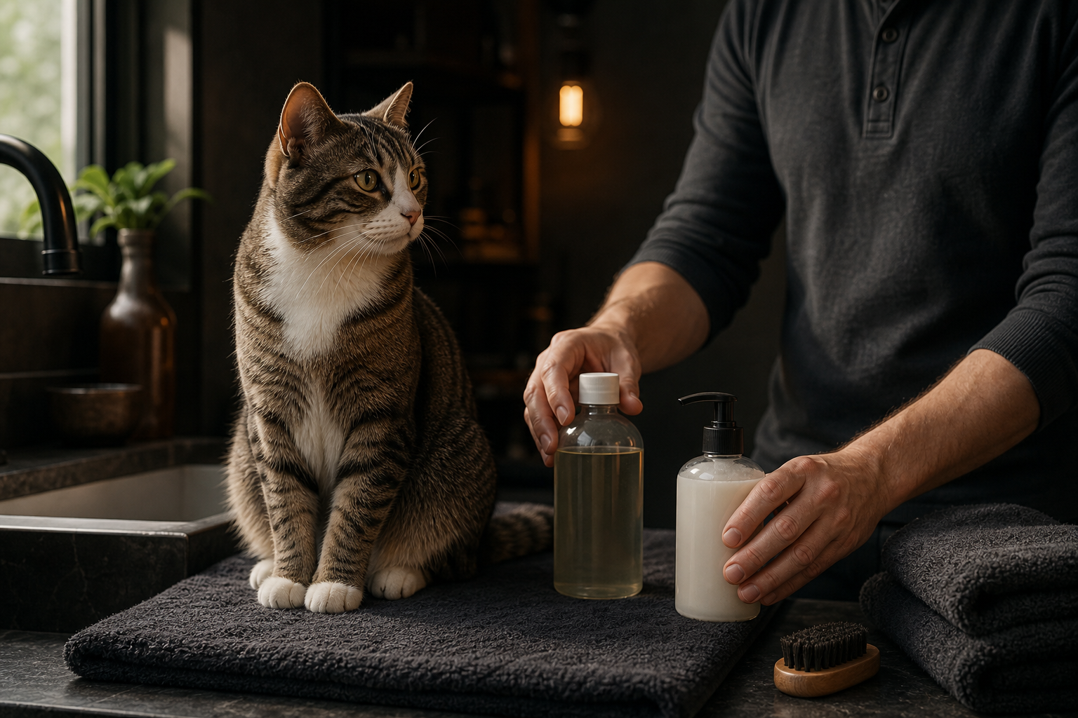 Alert cat sitting on a dry towel beside cat-safe grooming supplies