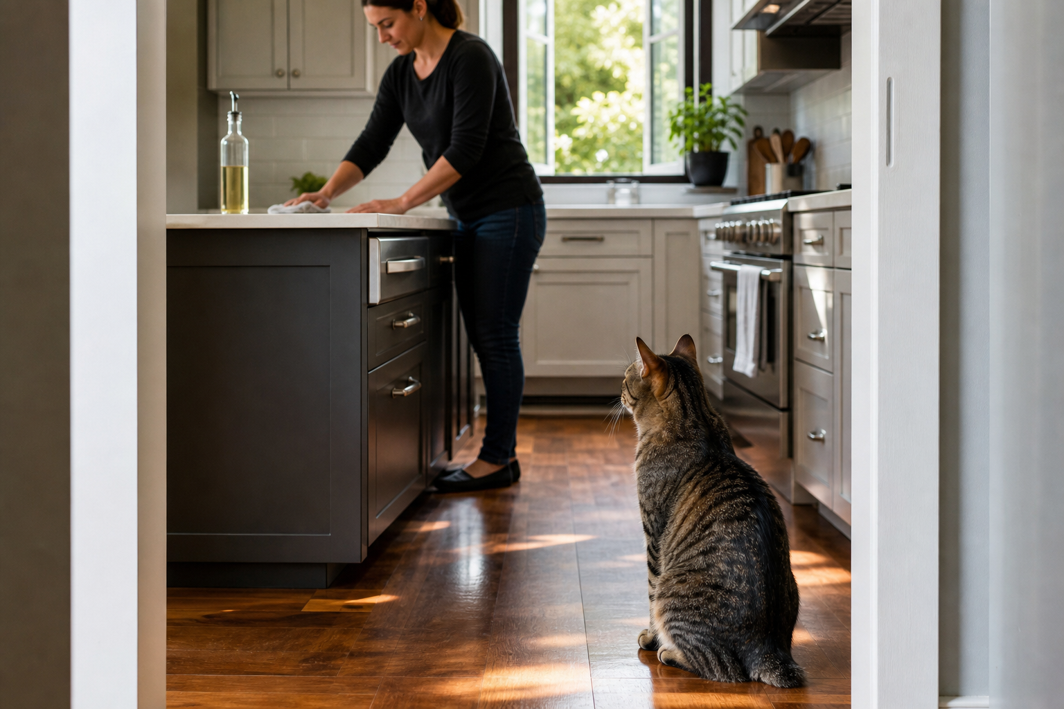 Cat watching from a doorway while an owner cleans a kitchen surface