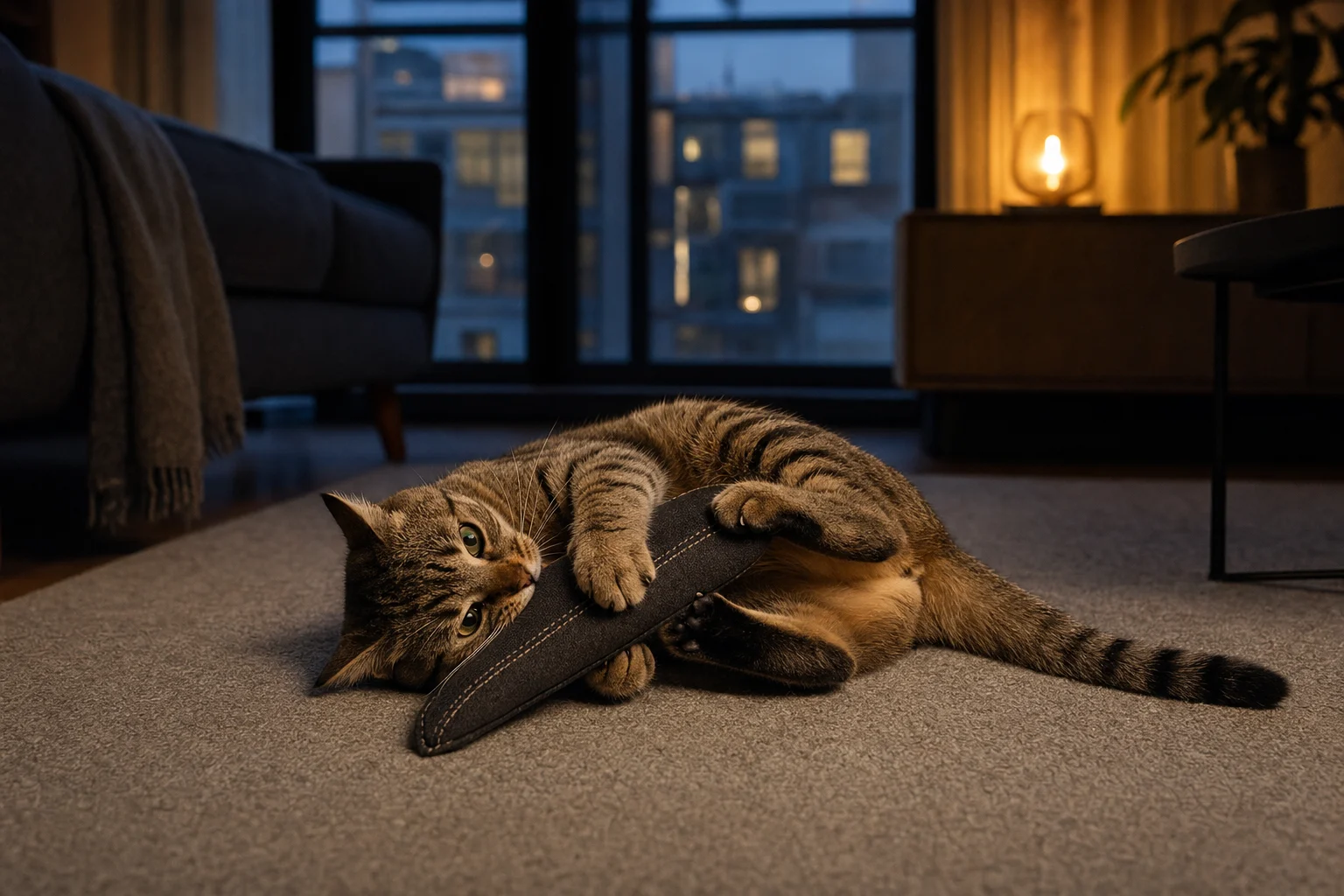 Cat playing quietly with a rugged fabric kicker on a rug at night