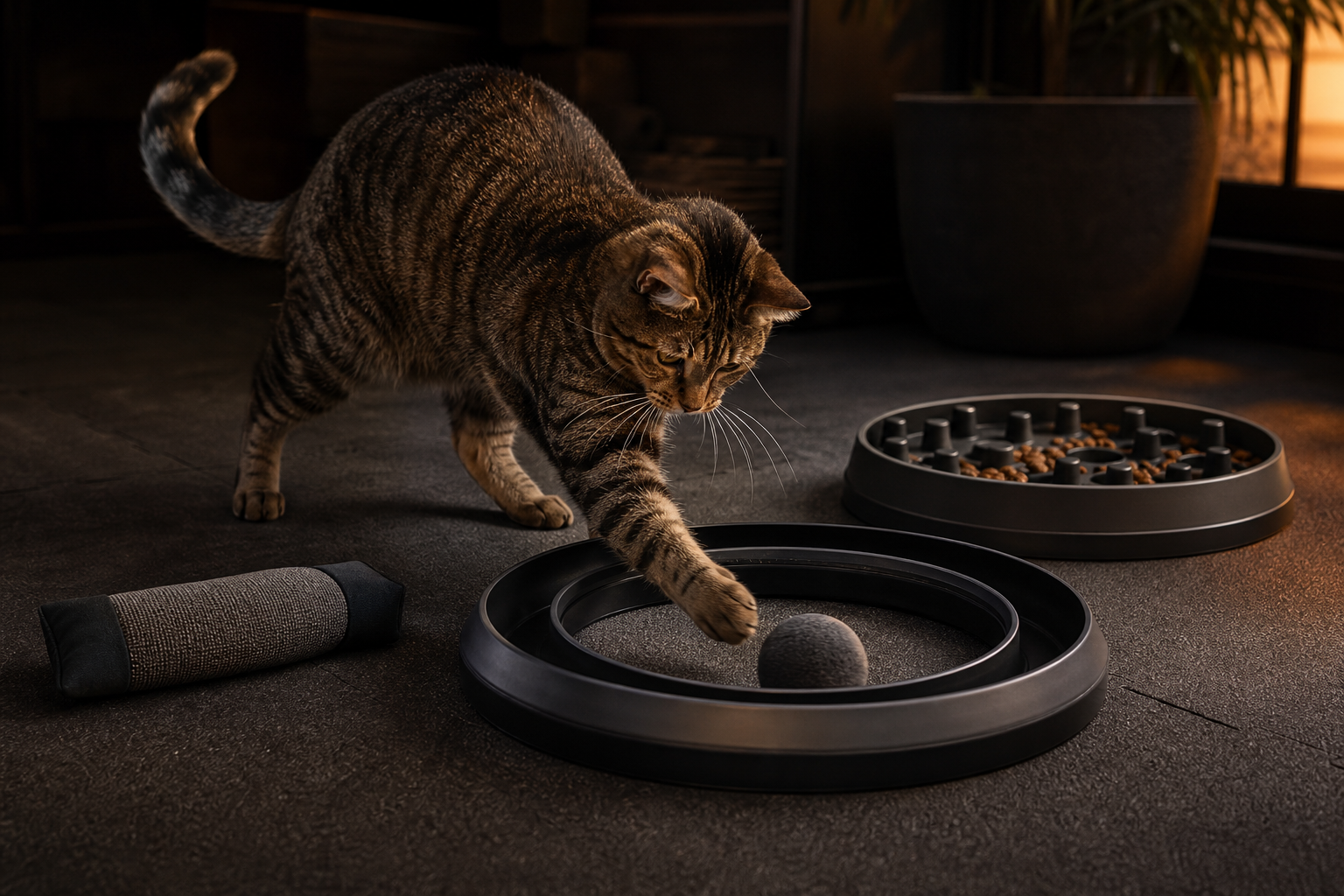 Tabby cat swatting a ball-track toy during independent play