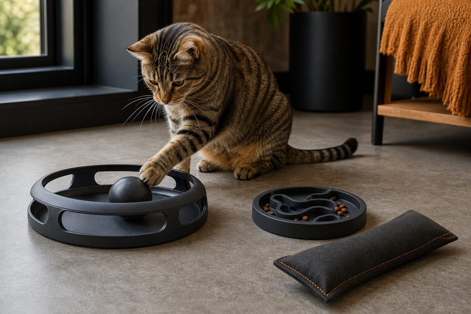 Alert tabby cat choosing among safe track, puzzle, and kicker toys