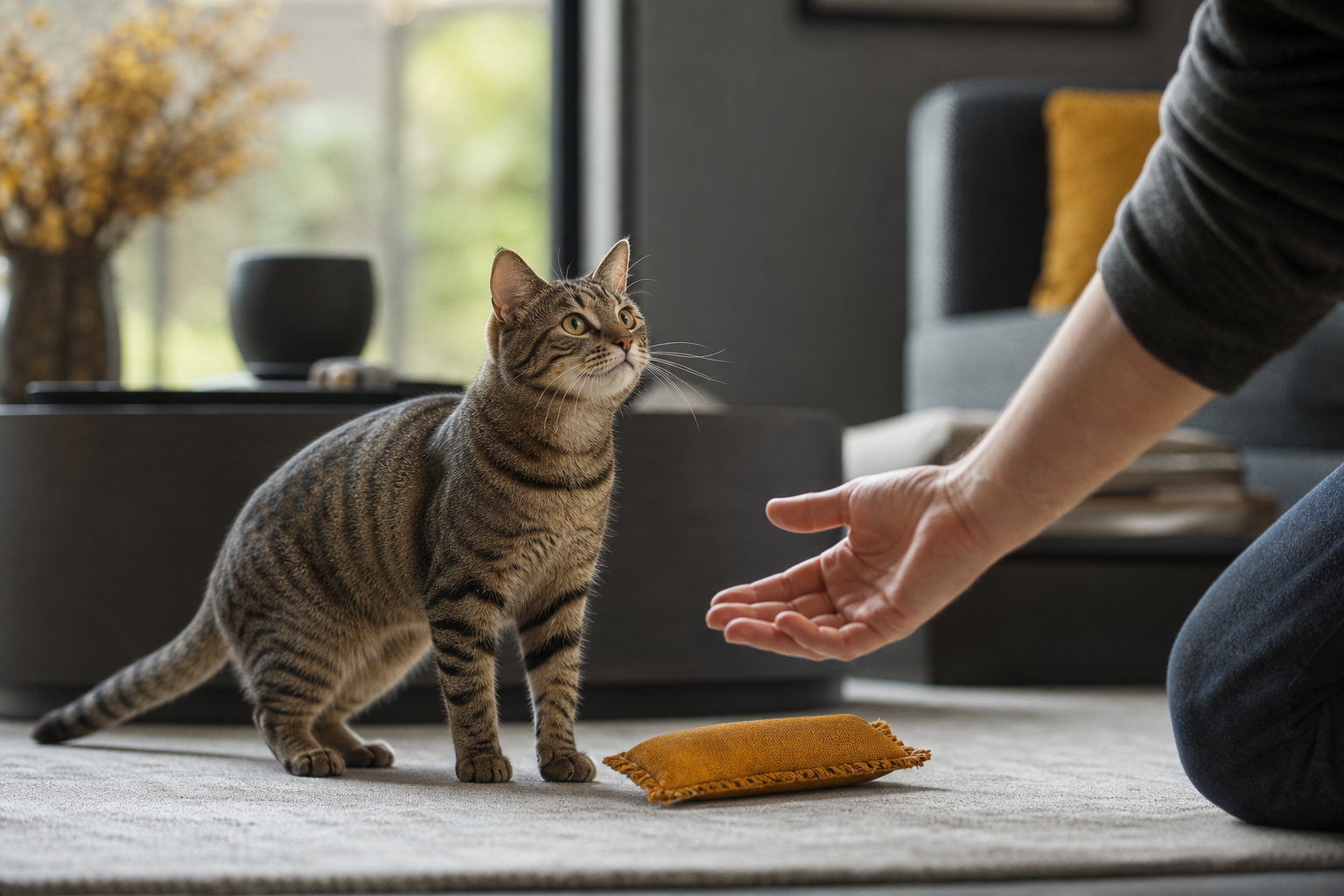 Alert cat inviting an owner to play beside a rugged kicker toy