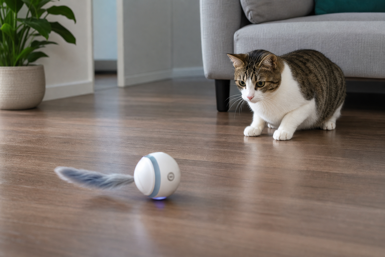 Cat watching a rolling automatic cat toy during supervised indoor play