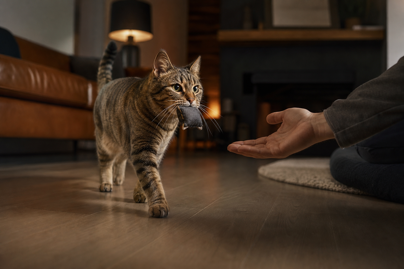 Cat carrying an intact fabric toy back toward a seated person