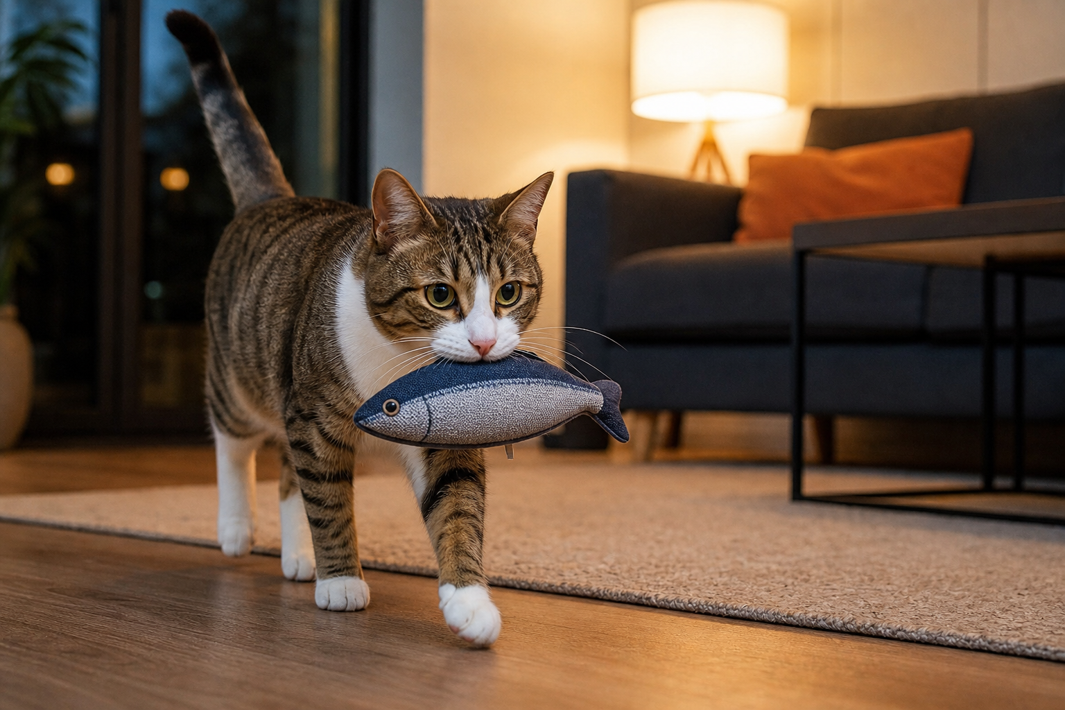 Cat carrying a sturdy fabric toy through a living room