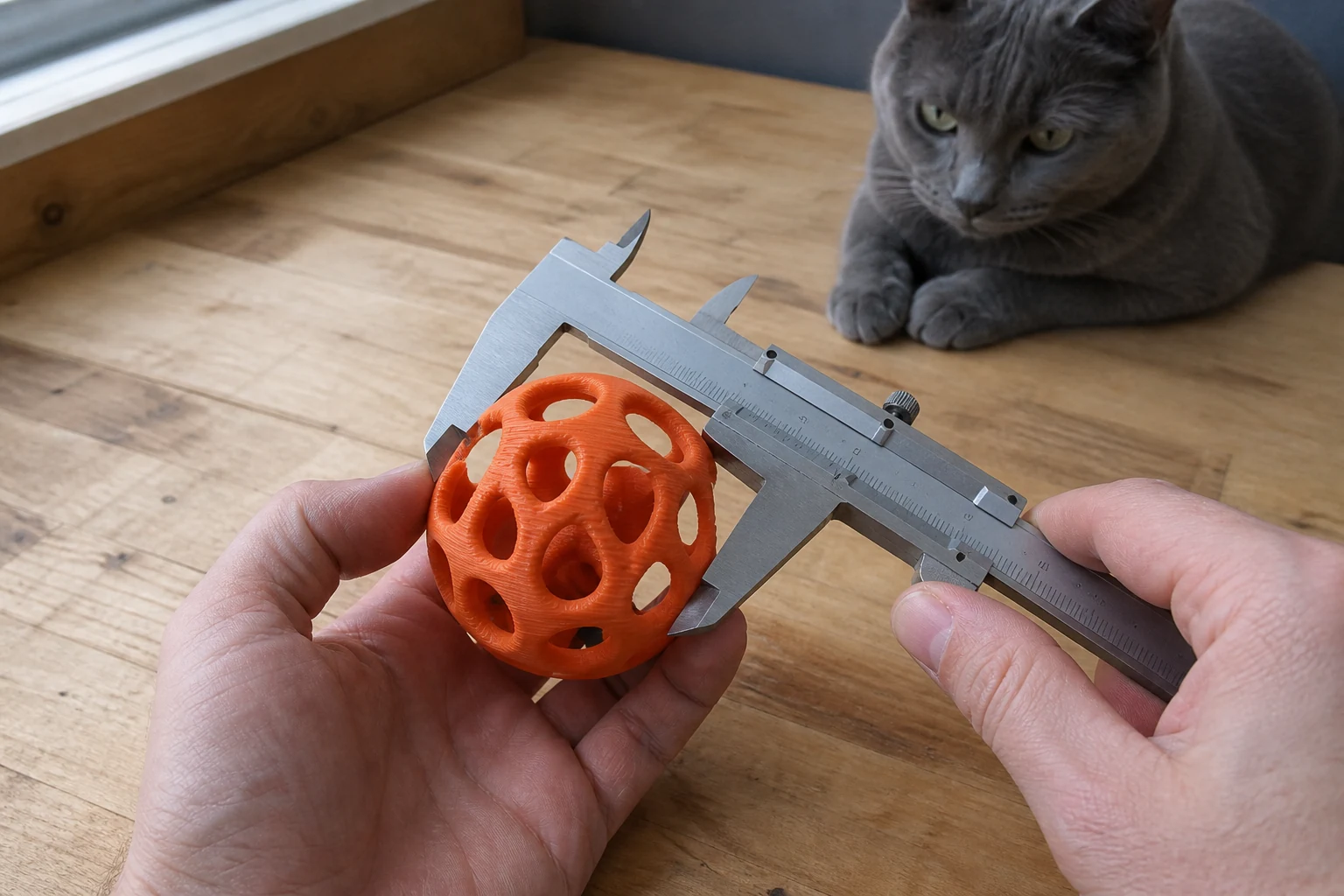 Maker inspecting a 3D printed cat toy with calipers at a workbench