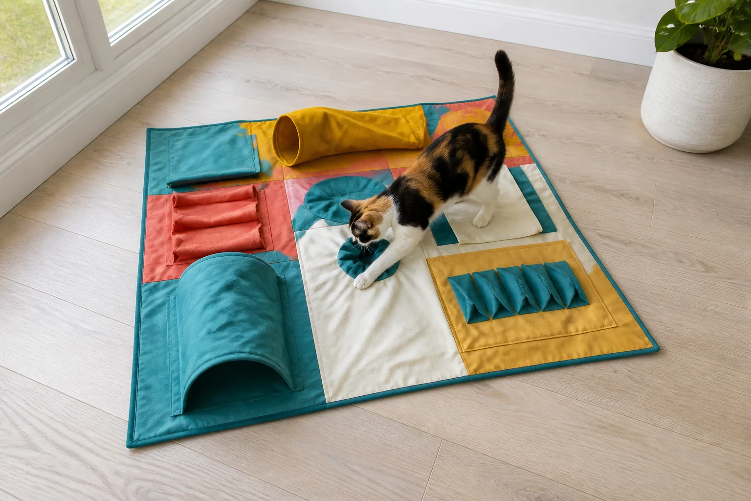 Overhead view of a cat exploring a colorful fabric play mat