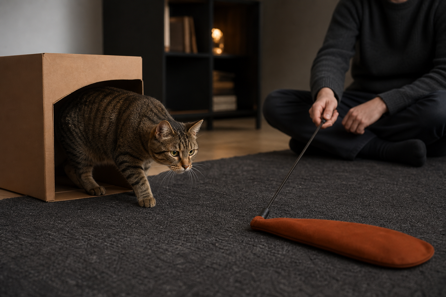 Cautious tabby cat choosing to approach a fabric wand toy beside a cardboard hide