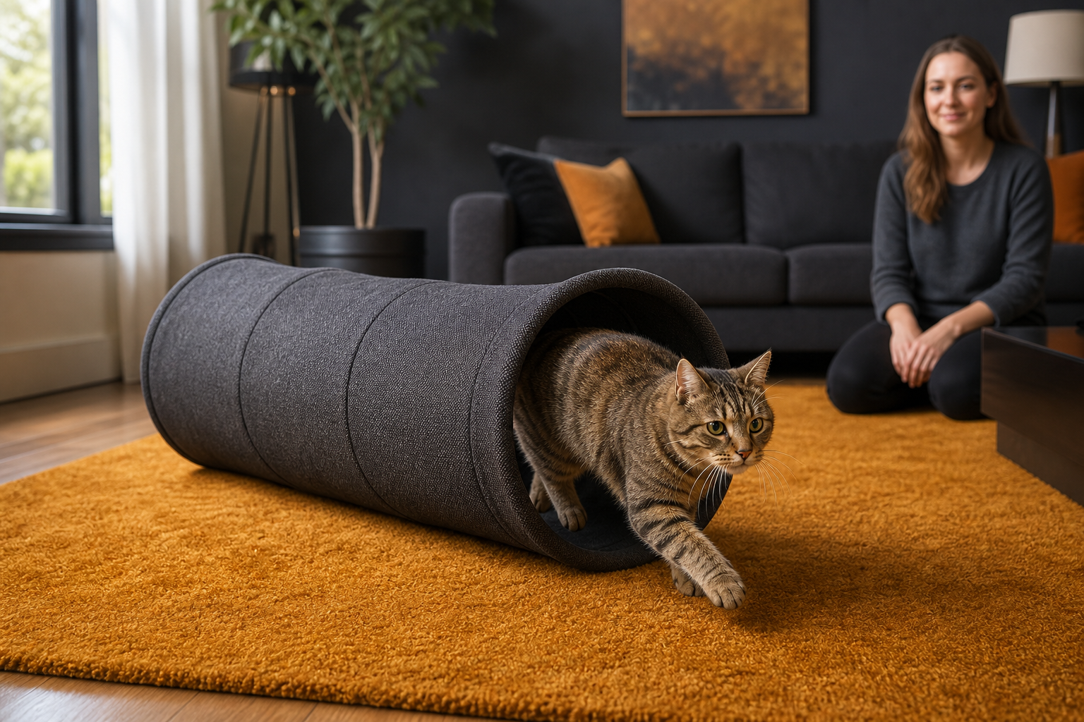 Tabby cat running through a wide fabric cat tunnel during supervised indoor play