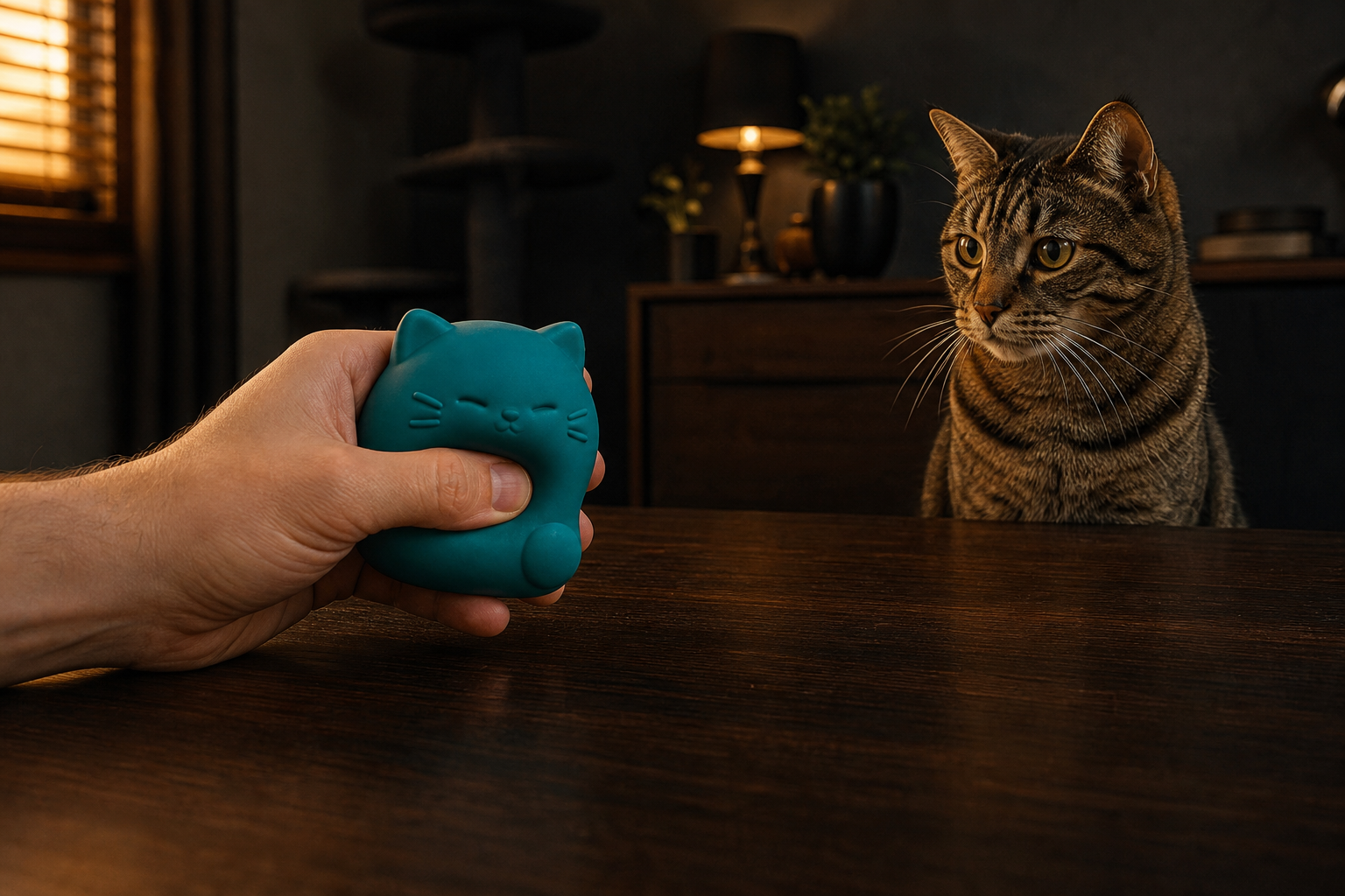 Person holding a colorful cat-shaped sensory squish while a real cat watches from a safe distance