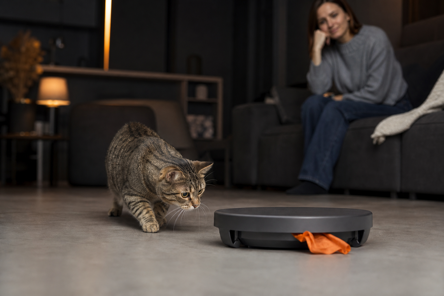 Tabby cat stalking a guarded electronic motion toy during supervised play