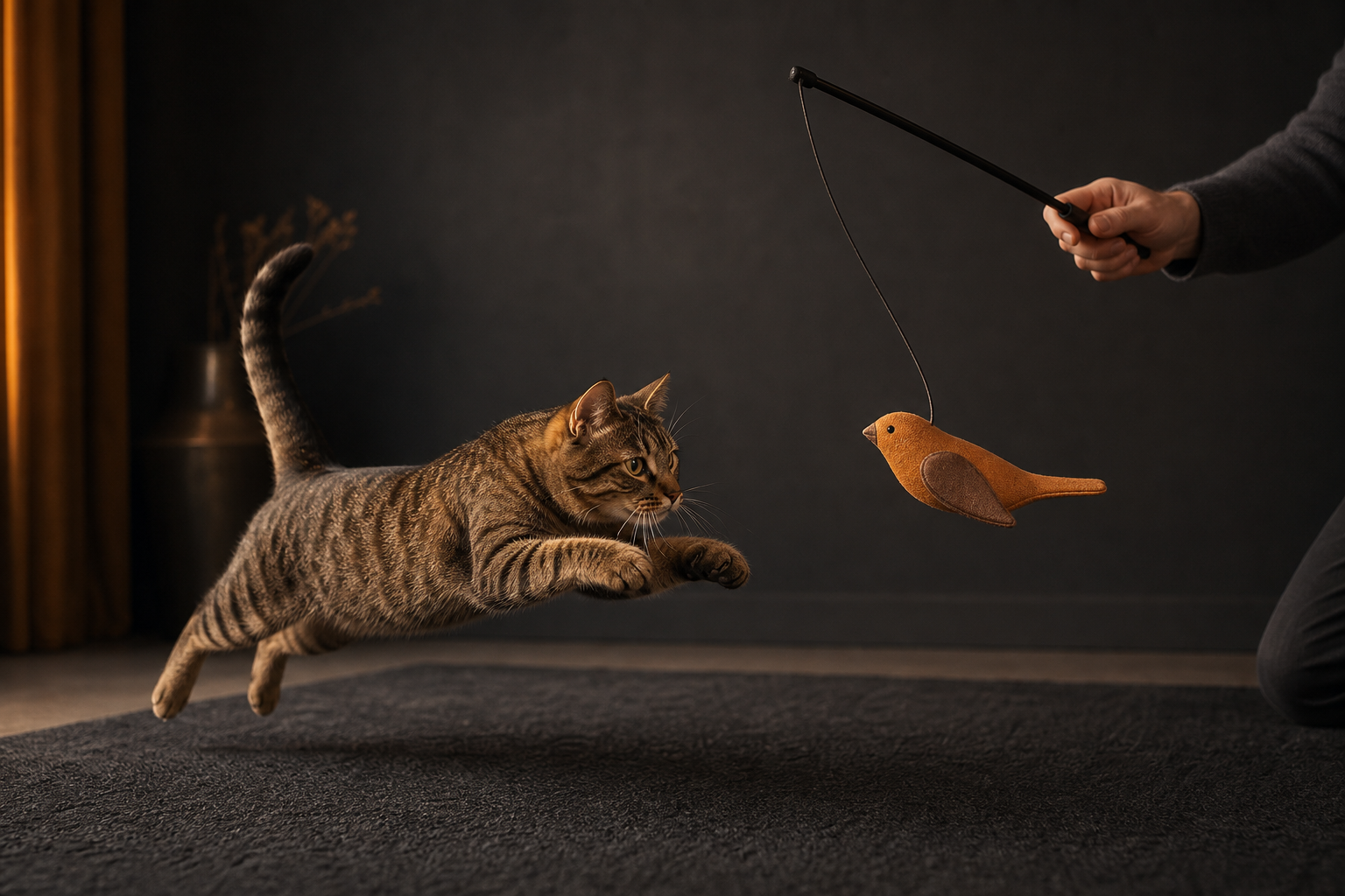 Athletic tabby cat chasing a fabric bird wand toy through the air during supervised play