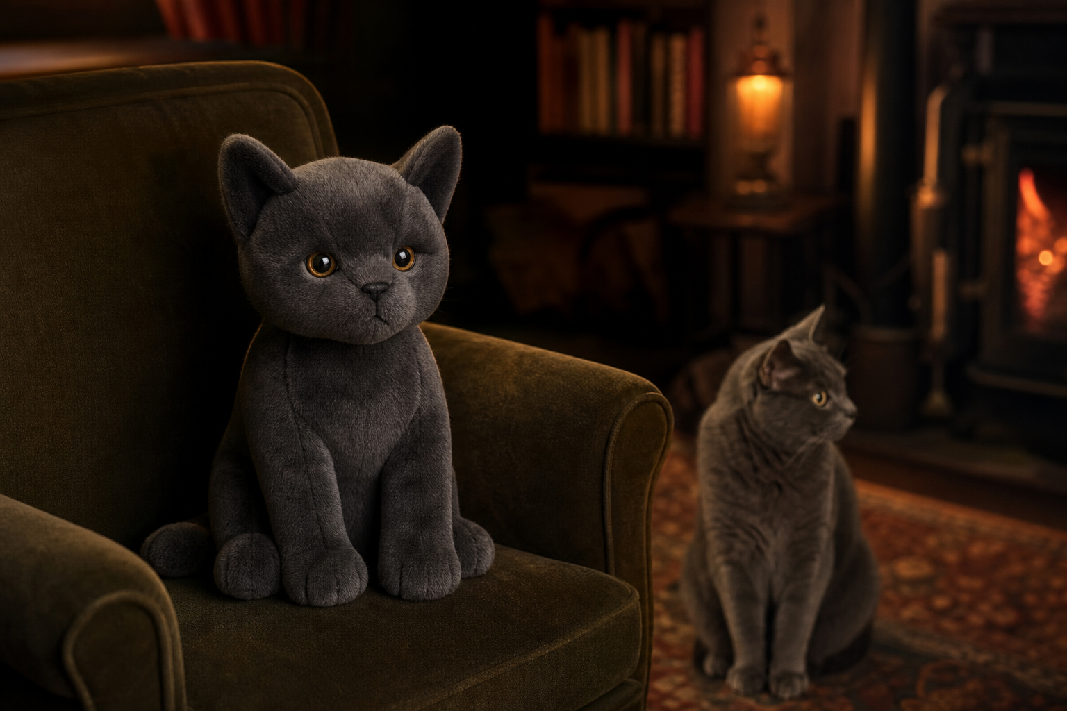 Soft grey cat plush toy sitting on a chair beside a real grey cat