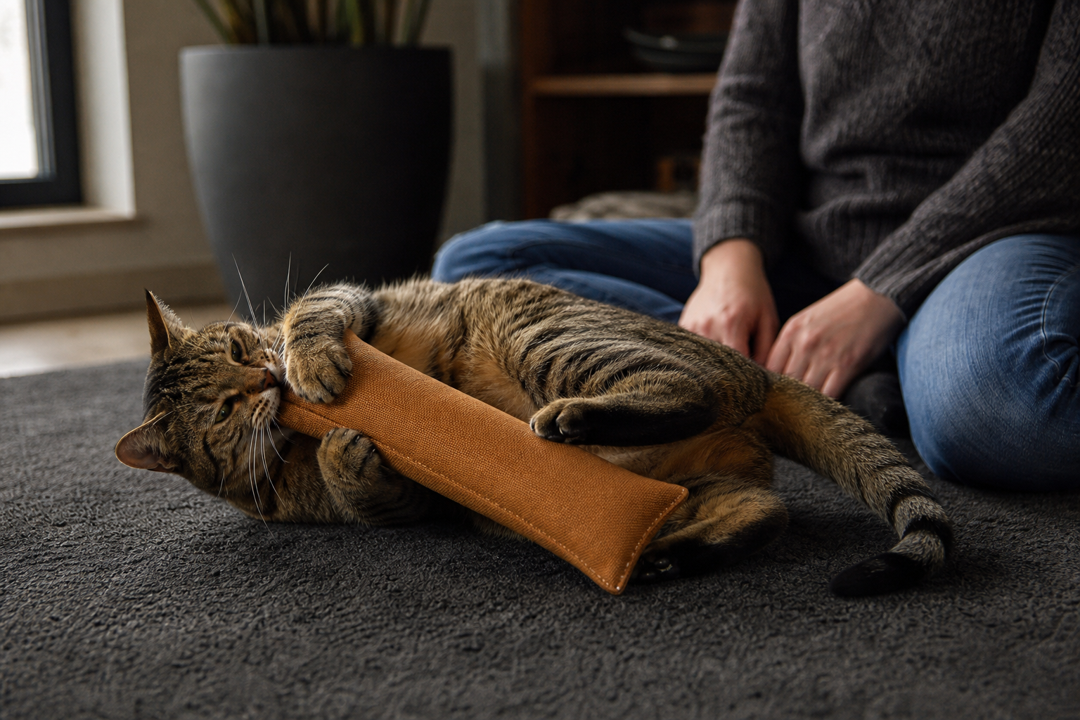 Large tabby cat gripping a long rugged fabric kicker toy during supervised play