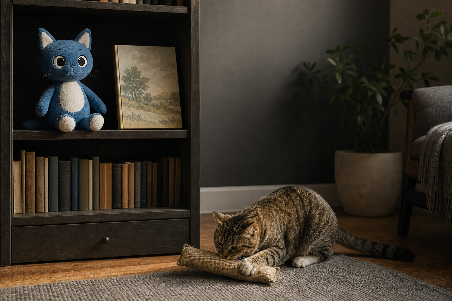Blue storybook cat plush displayed on a shelf while a real cat plays with a rugged kicker toy below